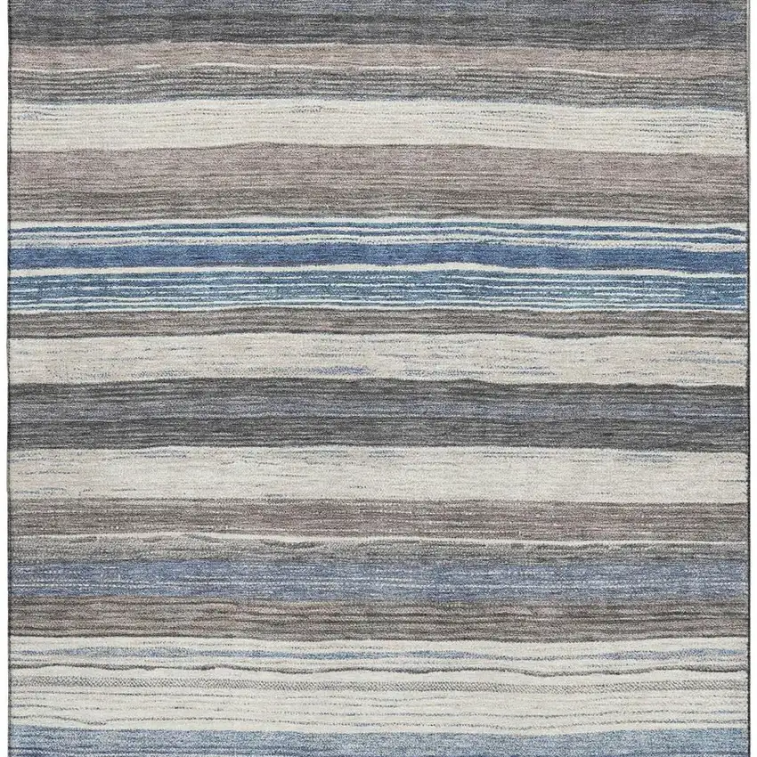 Denim Blue Ivory And Gray Striped Washable Area Rug With UV Protection Photo 3