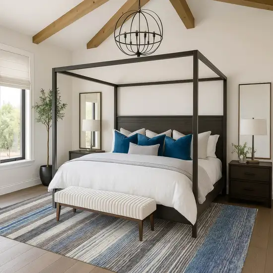 Denim Blue Ivory And Gray Striped Washable Area Rug With UV Protection Photo 4