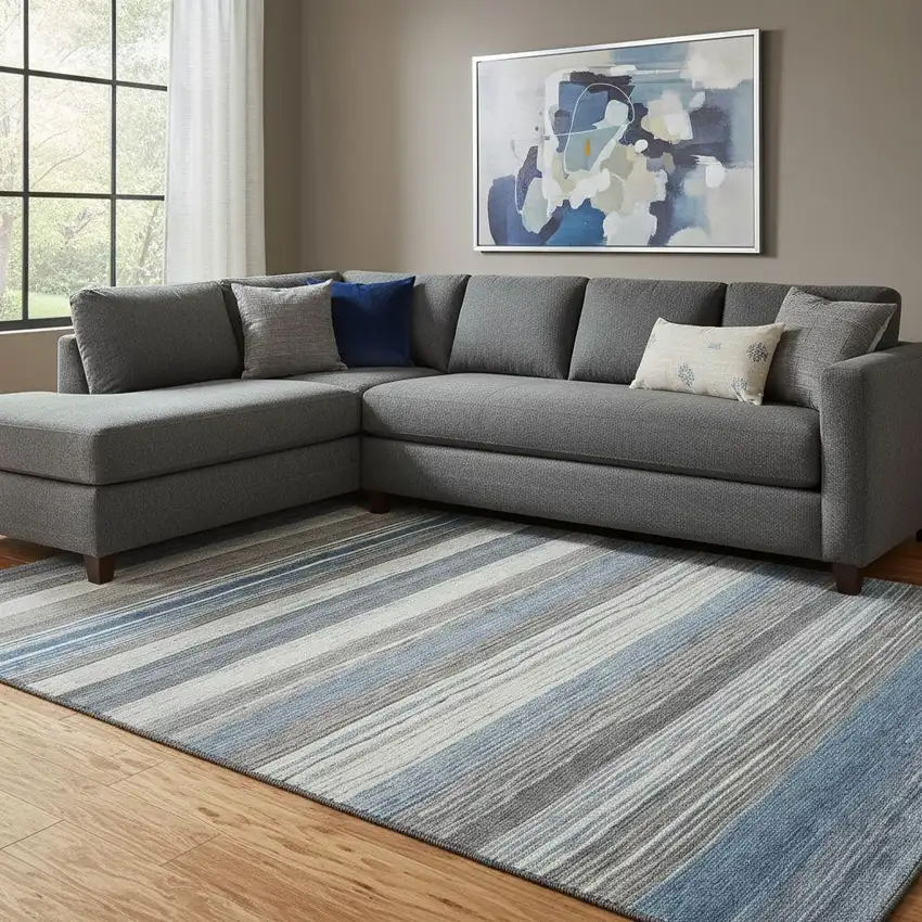 Denim Blue Ivory And Gray Striped Washable Area Rug With UV Protection Photo 2