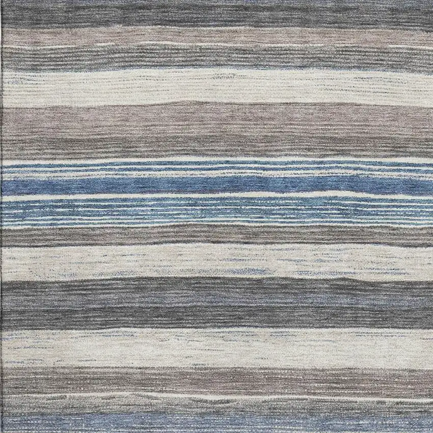 Denim Blue Ivory And Gray Striped Washable Area Rug With UV Protection Photo 2
