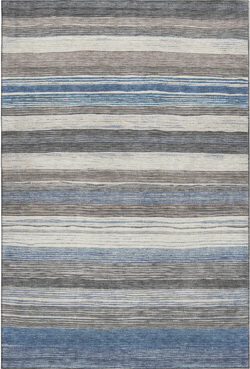 Denim Blue Ivory And Gray Striped Washable Area Rug With UV Protection Photo 1
