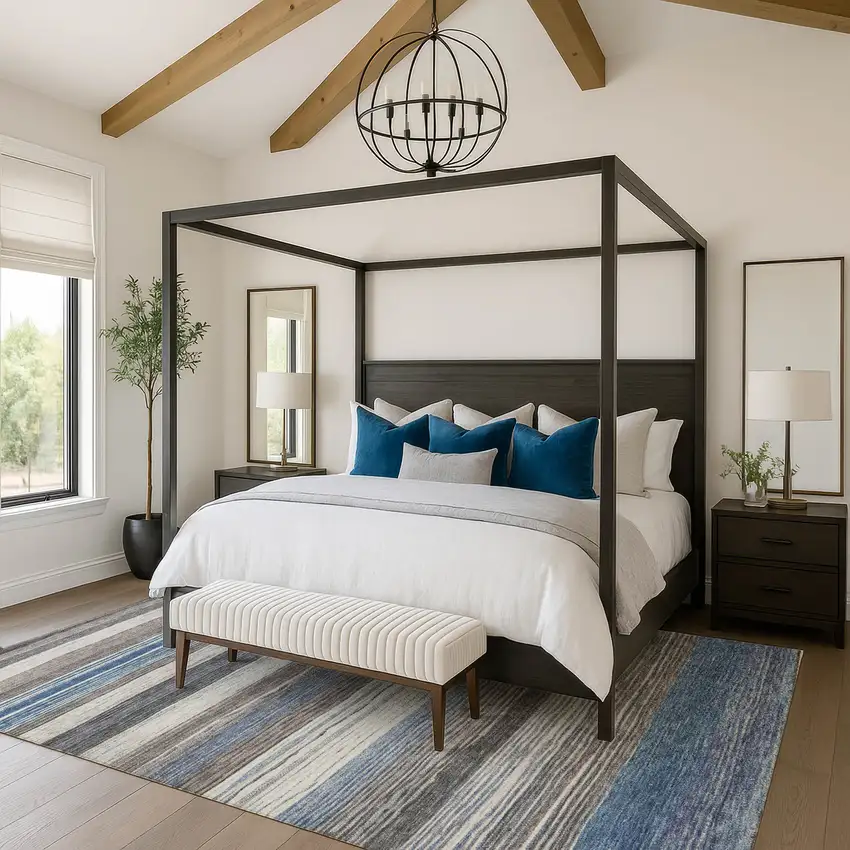 Denim Blue Ivory And Gray Striped Washable Area Rug With UV Protection Photo 4