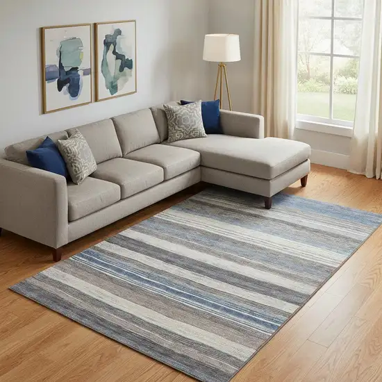 Denim Blue Ivory And Gray Striped Washable Area Rug With UV Protection Photo 2