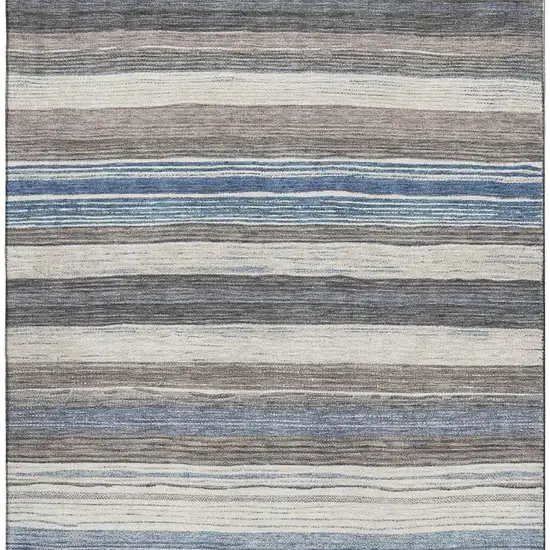 Denim Blue Ivory And Gray Striped Washable Area Rug With UV Protection Photo 3