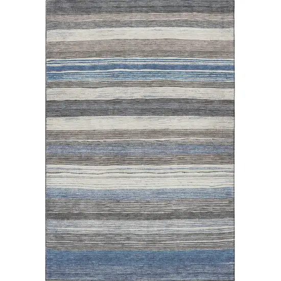 Denim Blue Ivory And Gray Striped Washable Area Rug With UV Protection Photo 3