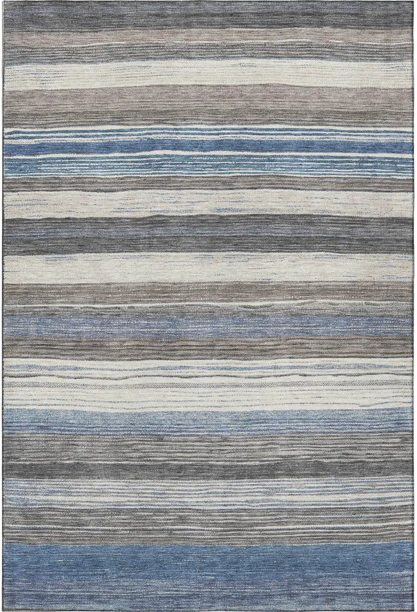 Denim Blue Ivory And Gray Striped Washable Area Rug With UV Protection Photo 3