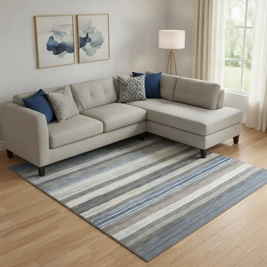 Denim Blue Ivory And Gray Striped Washable Area Rug With UV Protection Photo 2