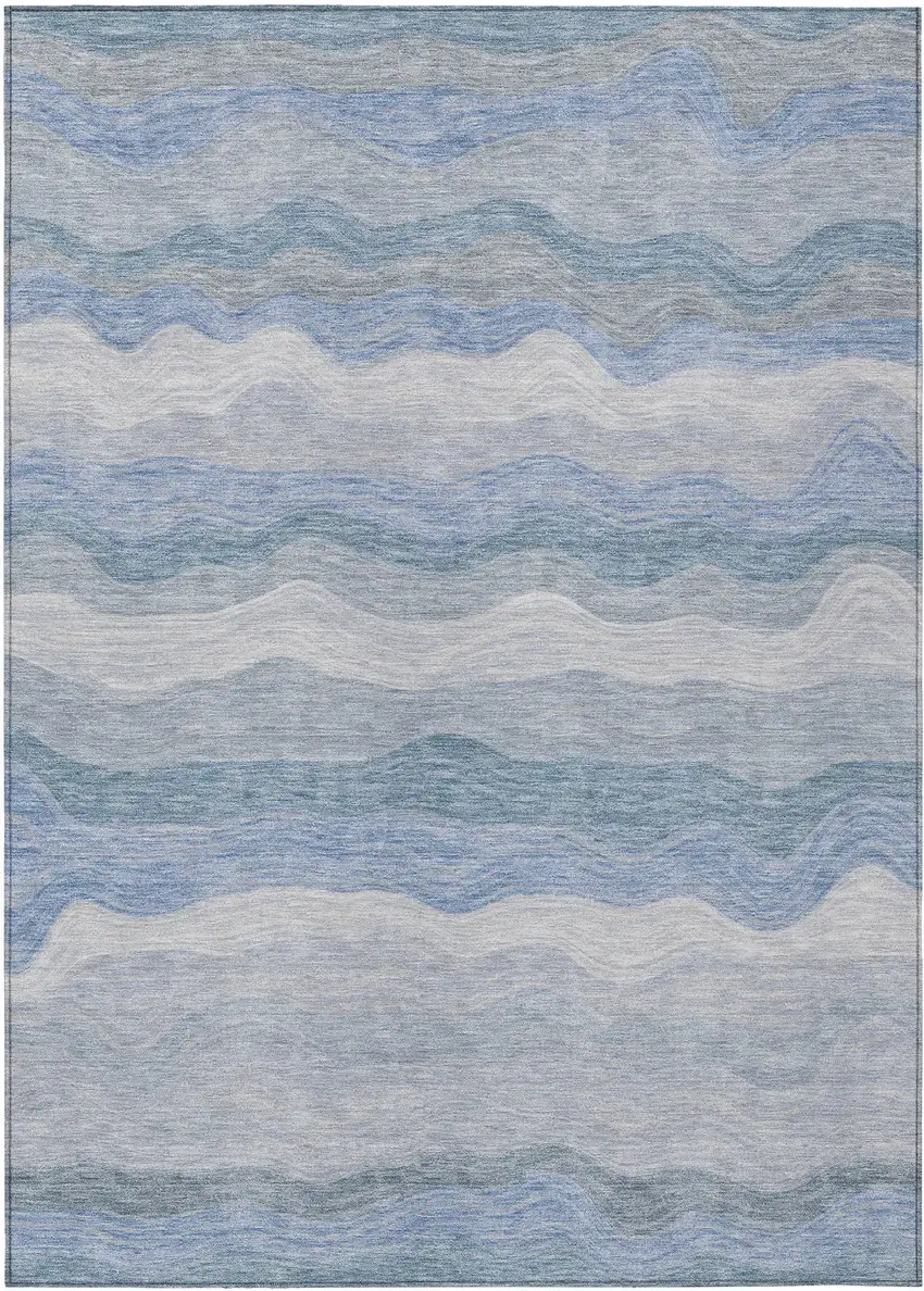 Denim Blue Ivory And Gray Striped Washable Indoor Outdoor Area Rug Photo 8