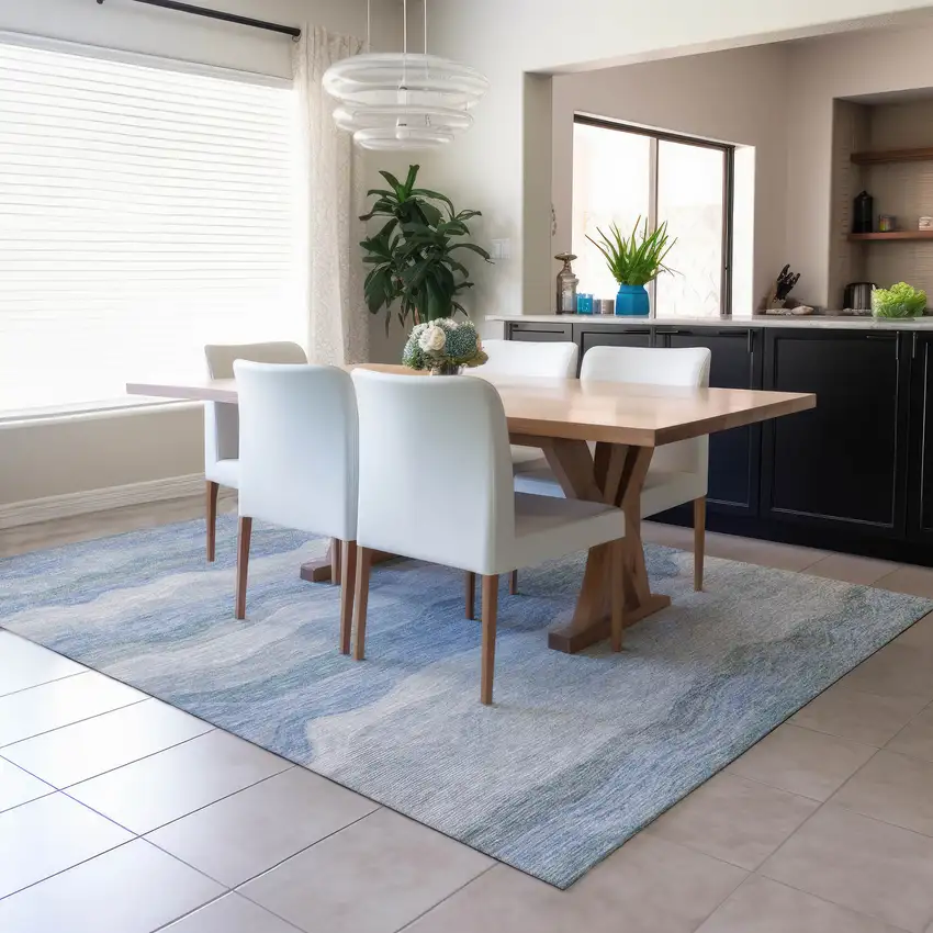 Denim Blue Ivory And Gray Striped Washable Indoor Outdoor Area Rug Photo 4