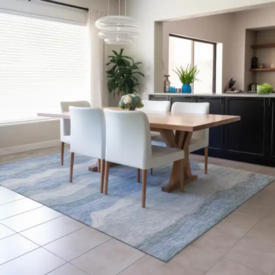 Denim Blue Ivory And Gray Striped Washable Indoor Outdoor Area Rug Photo 5