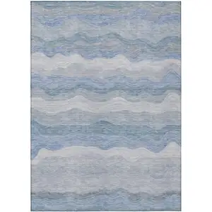 Photo of Denim Blue Ivory And Gray Striped Washable Indoor Outdoor Area Rug