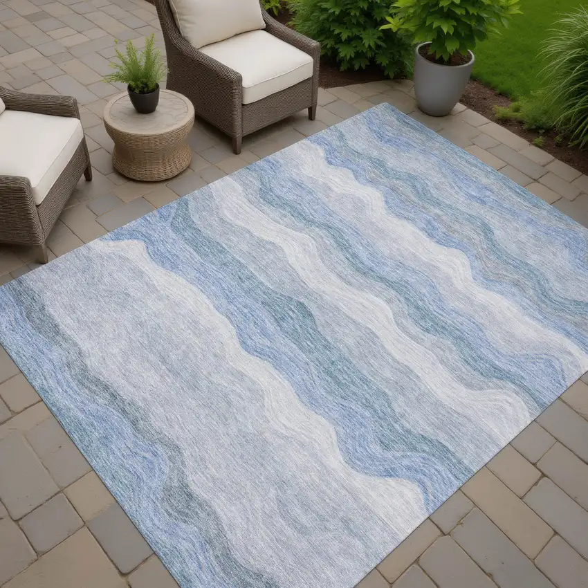 Denim Blue Ivory And Gray Striped Washable Indoor Outdoor Area Rug Photo 6
