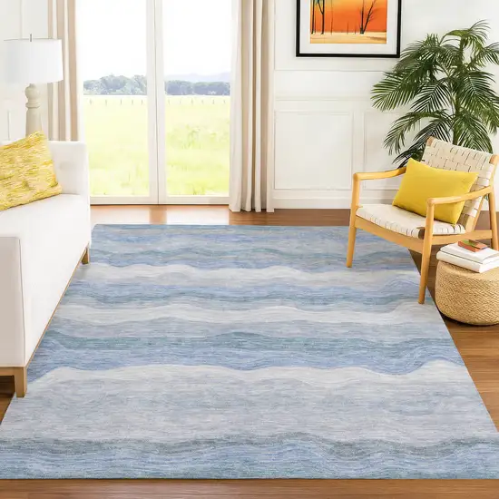 Denim Blue Ivory And Gray Striped Washable Indoor Outdoor Area Rug Photo 4