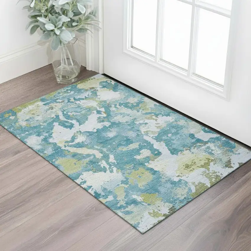 Denim Blue Ivory And Green Abstract Washable Area Rug With UV Protection Photo 2