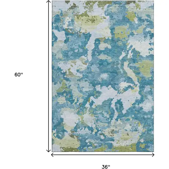 Denim Blue Ivory And Green Abstract Washable Area Rug With UV Protection Photo 3