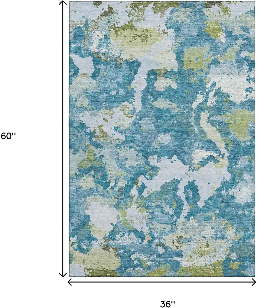 Denim Blue Ivory And Green Abstract Washable Area Rug With UV Protection Photo 3