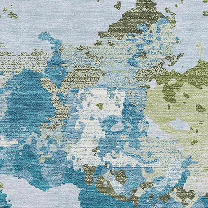 Denim Blue Ivory And Green Abstract Washable Area Rug With UV Protection Photo 3