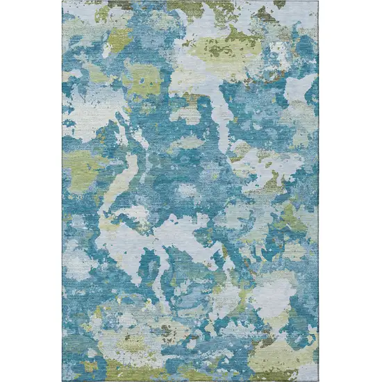Denim Blue Ivory And Green Abstract Washable Area Rug With UV Protection Photo 4