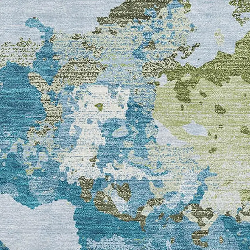 Denim Blue Ivory And Green Abstract Washable Area Rug With UV Protection Photo 2