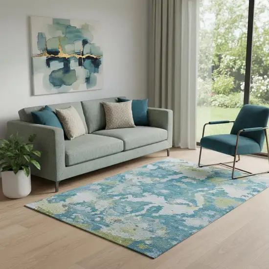 Denim Blue Ivory And Green Abstract Washable Area Rug With UV Protection Photo 2