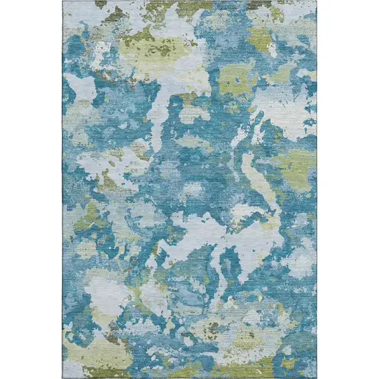 Denim Blue Ivory And Green Abstract Washable Area Rug With UV Protection Photo 1