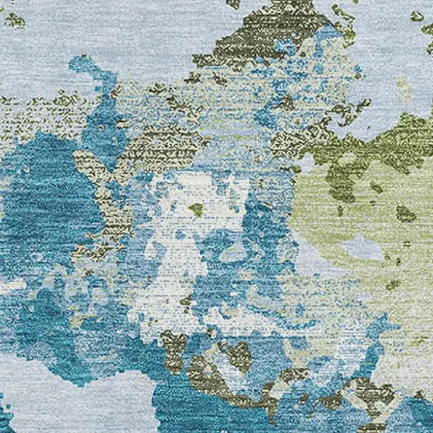 Denim Blue Ivory And Green Abstract Washable Area Rug With UV Protection Photo 2