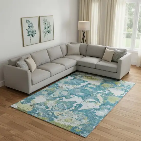 Denim Blue Ivory And Green Abstract Washable Area Rug With UV Protection Photo 2