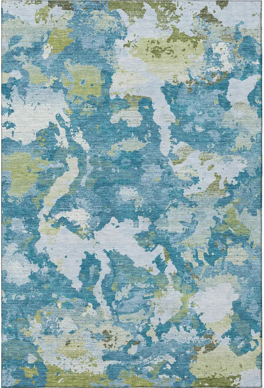 Denim Blue Ivory And Green Abstract Washable Area Rug With UV Protection Photo 2