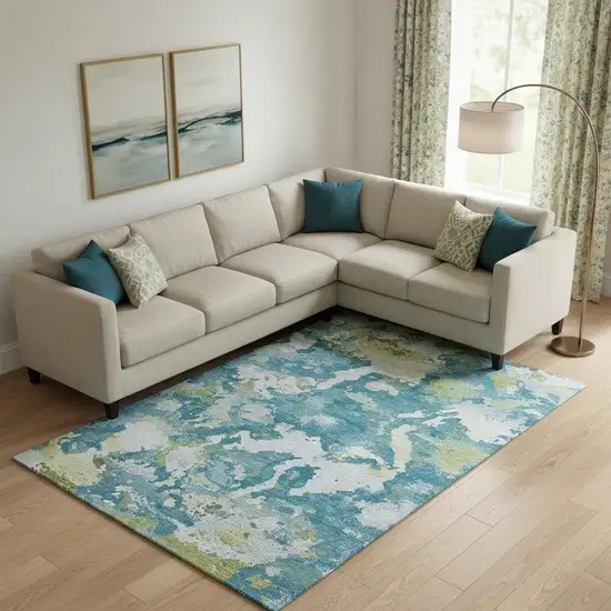 Denim Blue Ivory And Green Abstract Washable Area Rug With UV Protection Photo 2