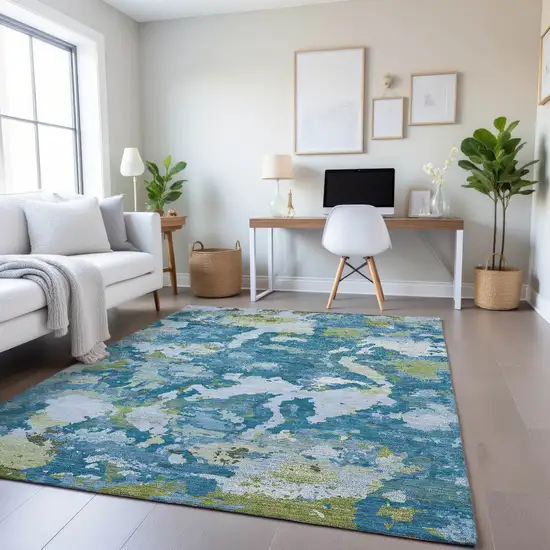 Denim Blue Ivory And Green Abstract Washable Area Rug With UV Protection Photo 3