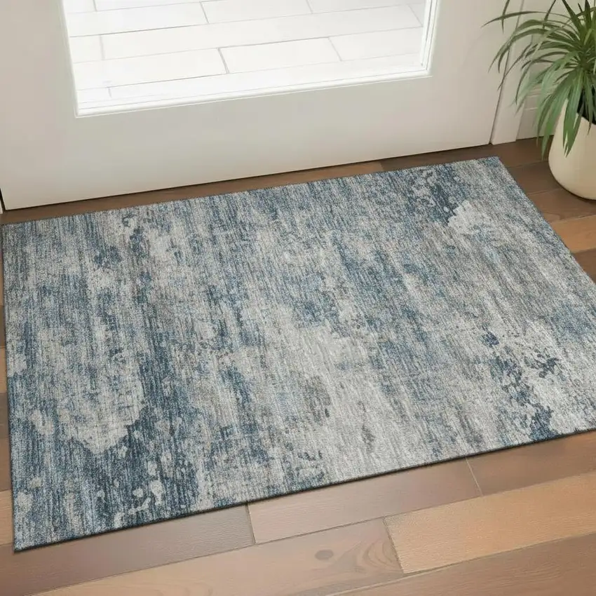 Denim Blue Ivory And Khaki Striped Washable Area Rug With UV Protection Photo 2