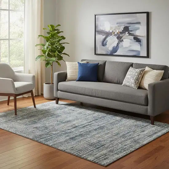 Denim Blue Ivory And Khaki Striped Washable Area Rug With UV Protection Photo 2