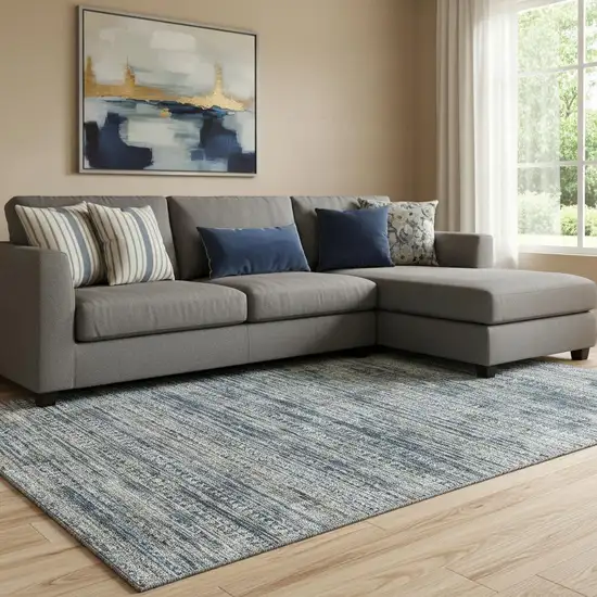 Denim Blue Ivory And Khaki Striped Washable Area Rug With UV Protection Photo 2