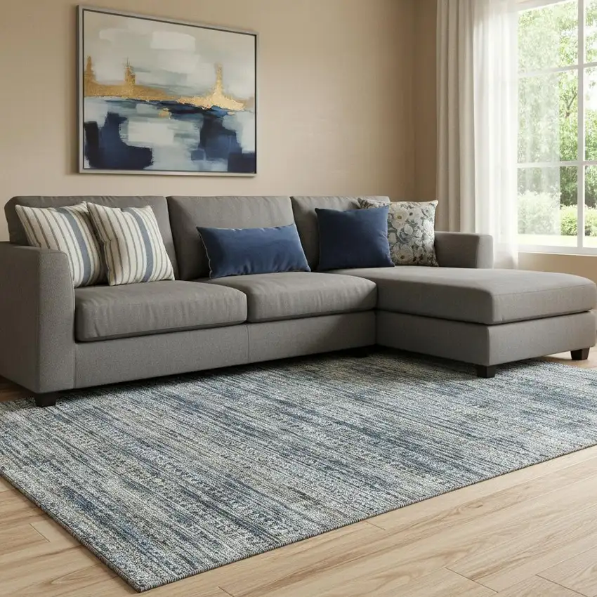 Denim Blue Ivory And Khaki Striped Washable Area Rug With UV Protection Photo 2