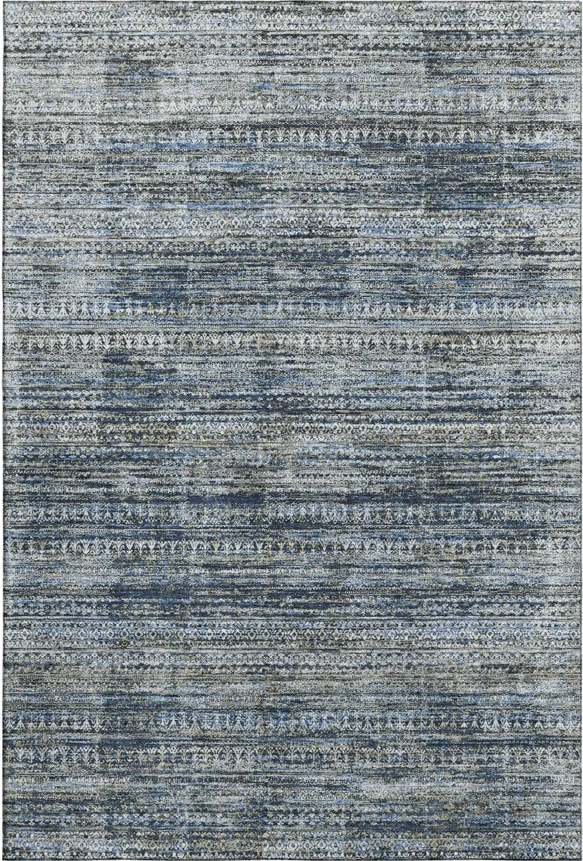 Denim Blue Ivory And Khaki Striped Washable Area Rug With UV Protection Photo 1