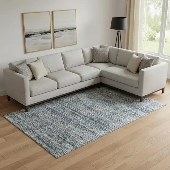 Denim Blue Ivory And Khaki Striped Washable Area Rug With UV Protection Photo 2