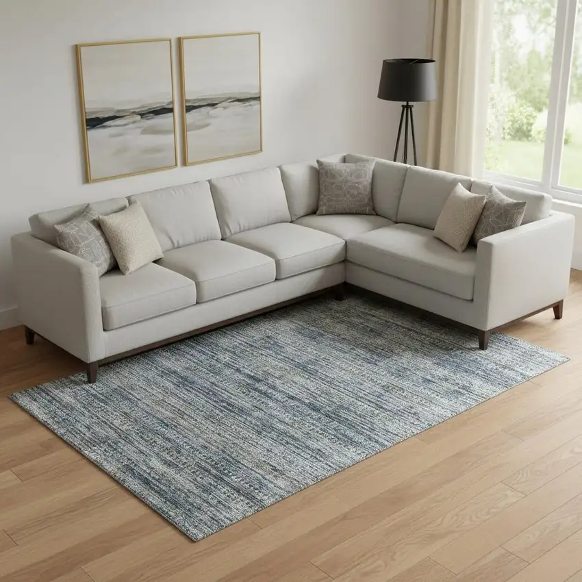 Denim Blue Ivory And Khaki Striped Washable Area Rug With UV Protection Photo 2