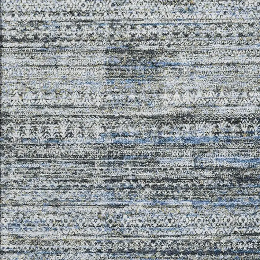 Denim Blue Ivory And Khaki Striped Washable Area Rug With UV Protection Photo 3