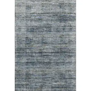 Photo of Denim Blue Ivory And Khaki Striped Washable Area Rug With UV Protection