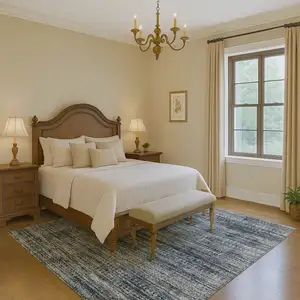 Photo of Denim Blue Ivory And Khaki Striped Washable Area Rug With UV Protection