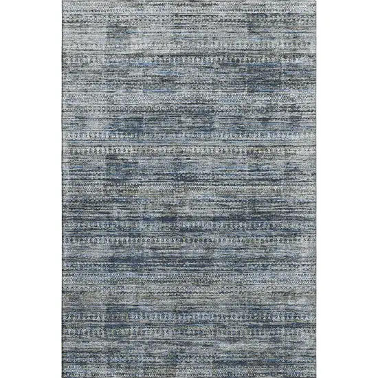 Denim Blue Ivory And Khaki Striped Washable Area Rug With UV Protection Photo 1