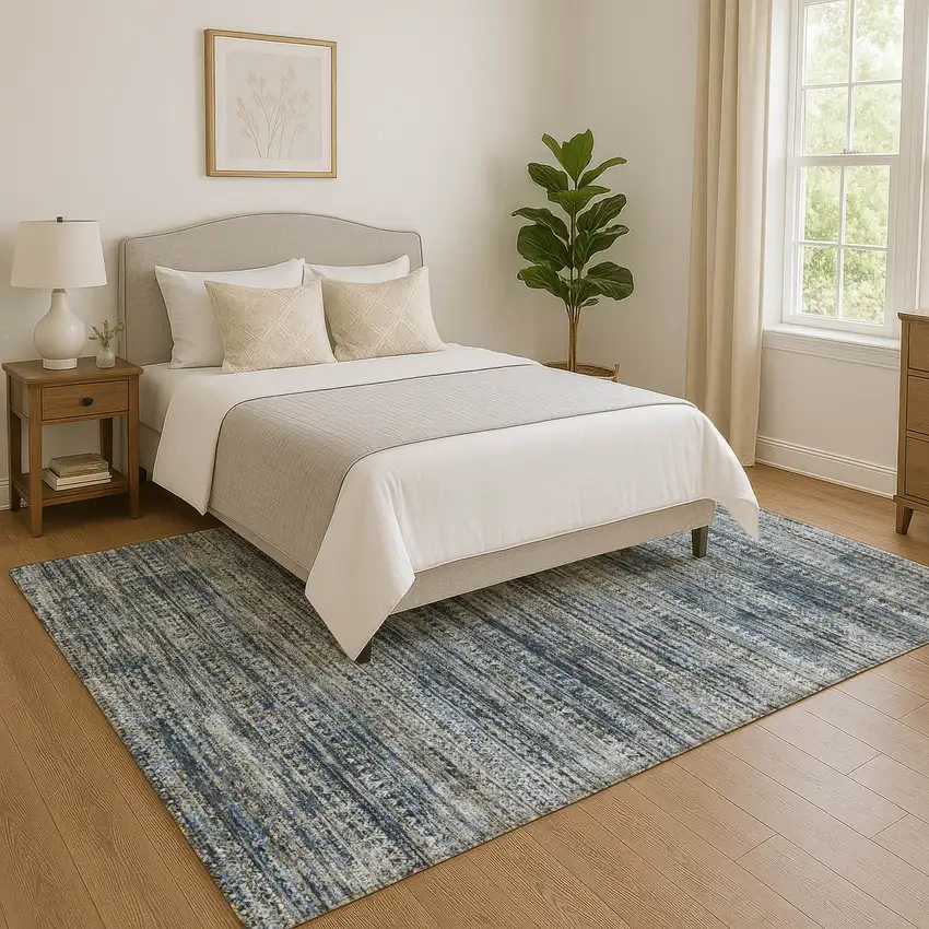 Denim Blue Ivory And Khaki Striped Washable Area Rug With UV Protection Photo 4