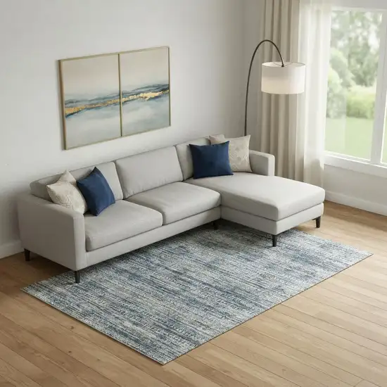 Denim Blue Ivory And Khaki Striped Washable Area Rug With UV Protection Photo 2