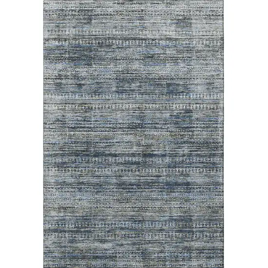 Denim Blue Ivory And Khaki Striped Washable Area Rug With UV Protection Photo 3