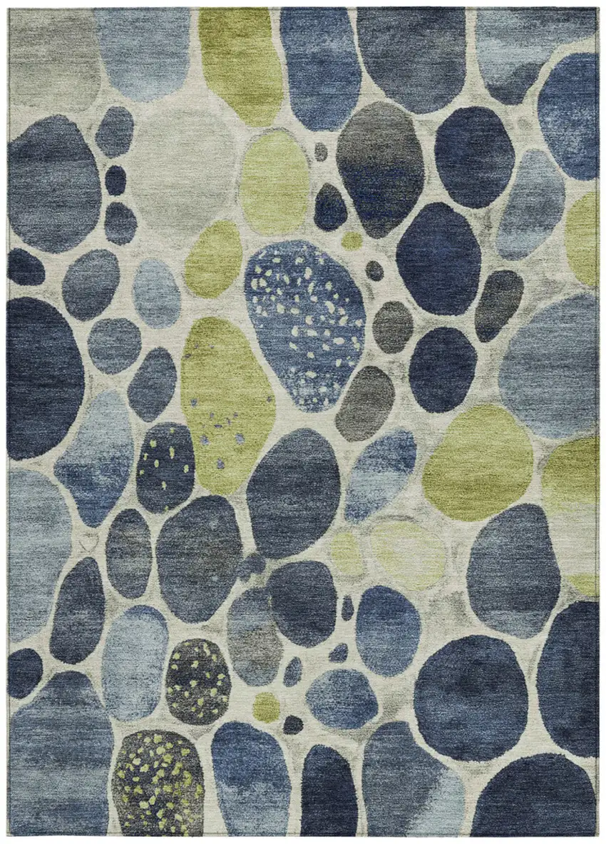 Denim Blue Ivory And Lime Green Geometric Washable Indoor Outdoor Area Rug Photo 9