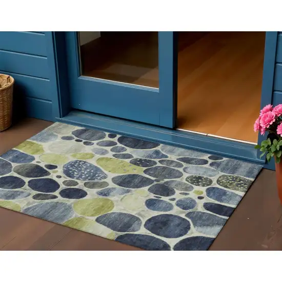 Denim Blue Ivory And Lime Green Geometric Washable Indoor Outdoor Area Rug Photo 2