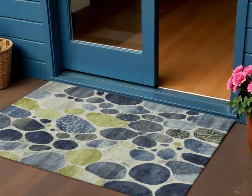 Denim Blue Ivory And Lime Green Geometric Washable Indoor Outdoor Area Rug Photo 2