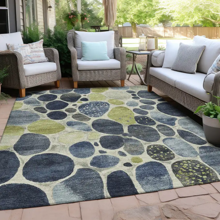 Denim Blue Ivory And Lime Green Geometric Washable Indoor Outdoor Area Rug Photo 4