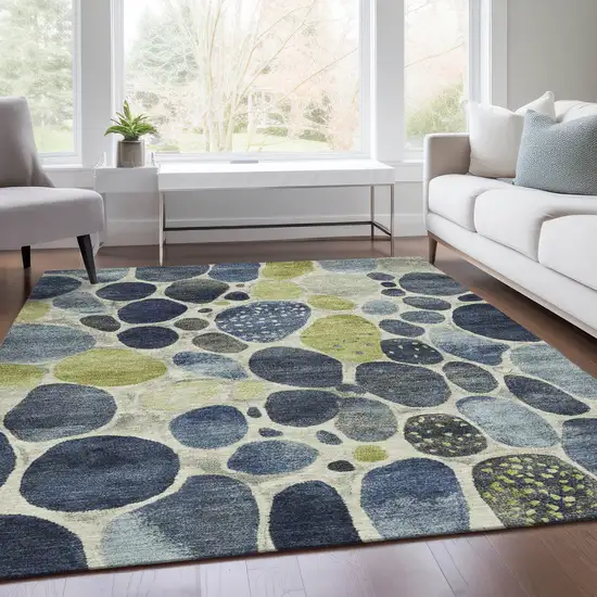 Denim Blue Ivory And Lime Green Geometric Washable Indoor Outdoor Area Rug Photo 6