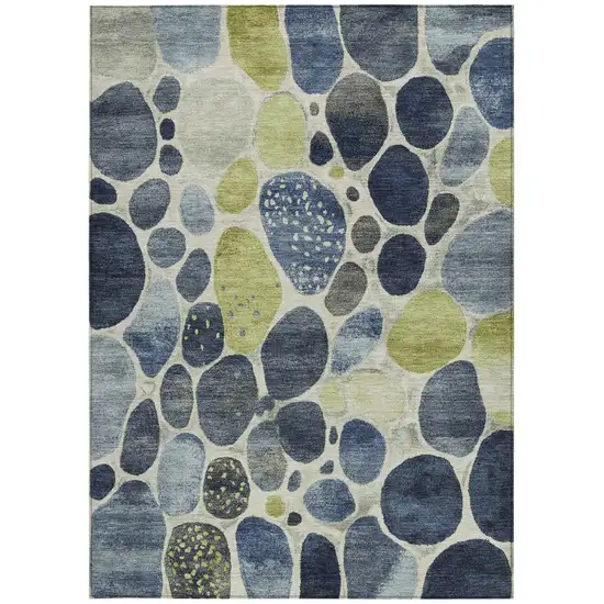 Denim Blue Ivory And Lime Green Geometric Washable Indoor Outdoor Area Rug Photo 9